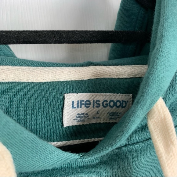 Life is Good Men's Large Hoodie Green Jeep Dog Pockets What A Long Strange Trip - Picture 2 of 4